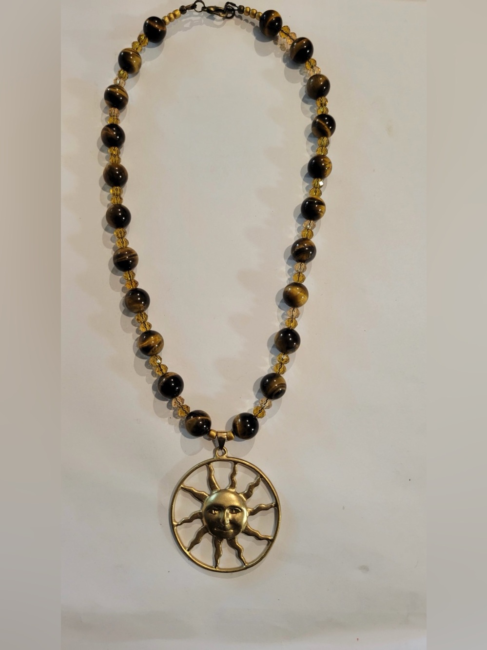 Sunburst Tiger Eye Beaded Necklace - Gold Sun Pendant